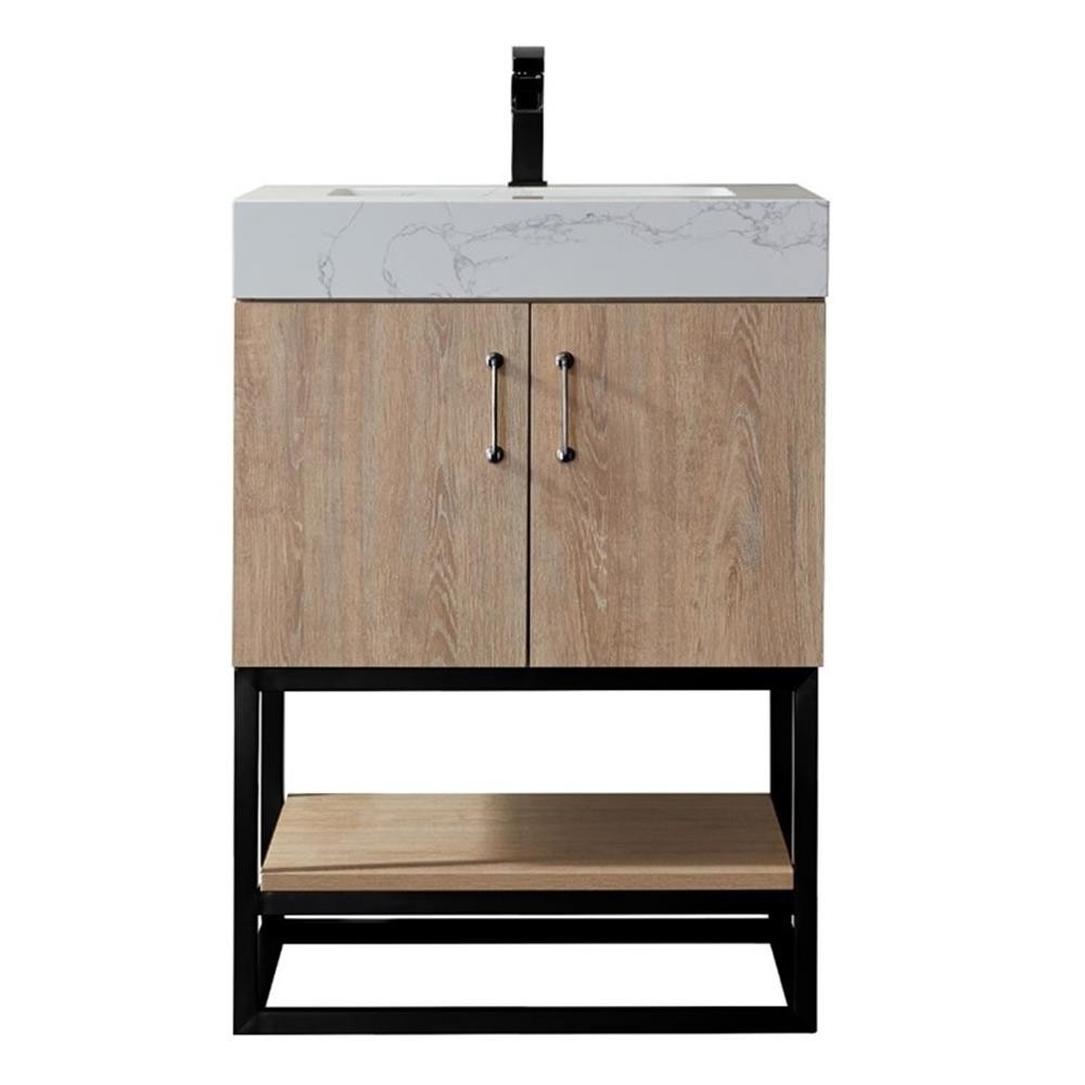 Pemberly Row 24″ White Stone Top Oak Single Vanity Black Frame with o Mirror