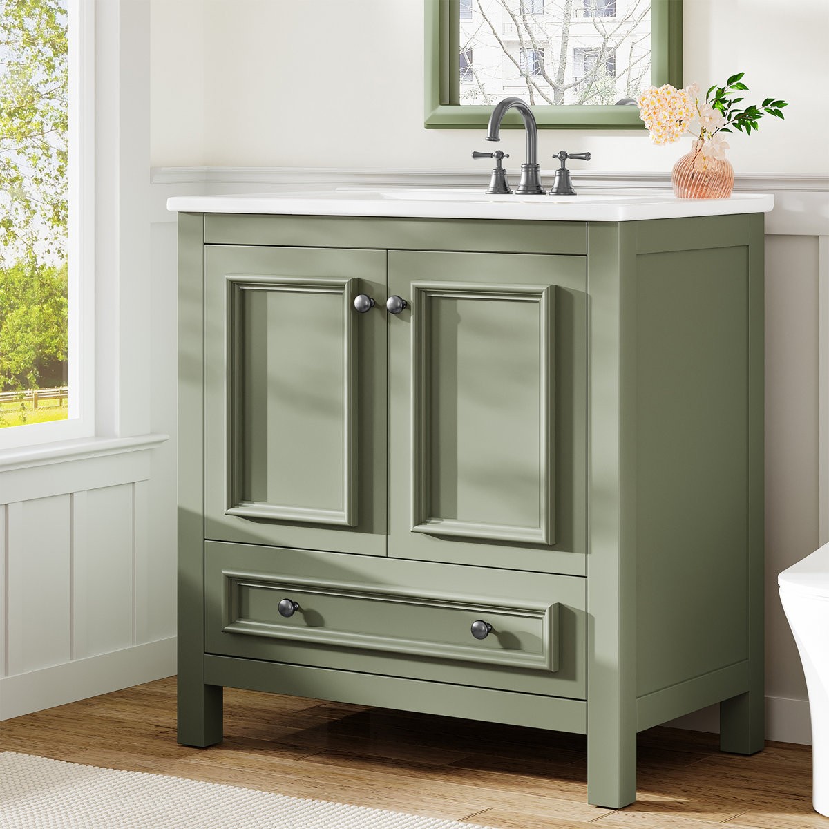 30″Bathroom Vanity Freestanding with Ceramic Sink, Storage Cabinet, Pop Up Drain