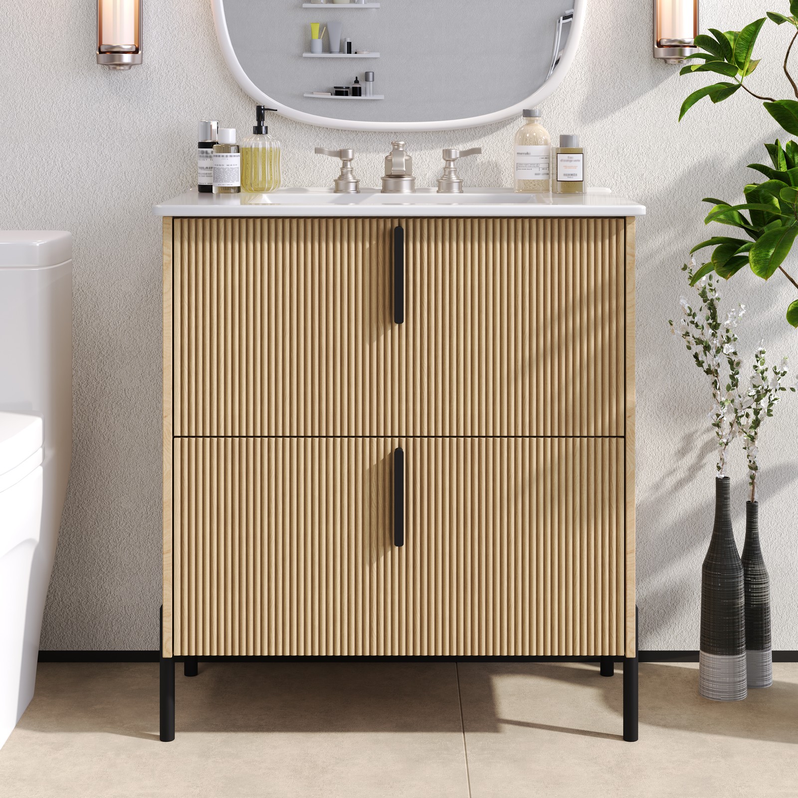 30″ Bathroom Vanity with Ceramic Sink, Soft Close Drawers, Fluted