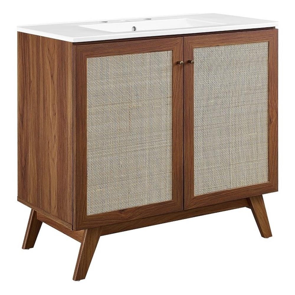 Pemberly Row 36″ Modern Wood Bathroom Vanity with Rattan Door in Walnut/White