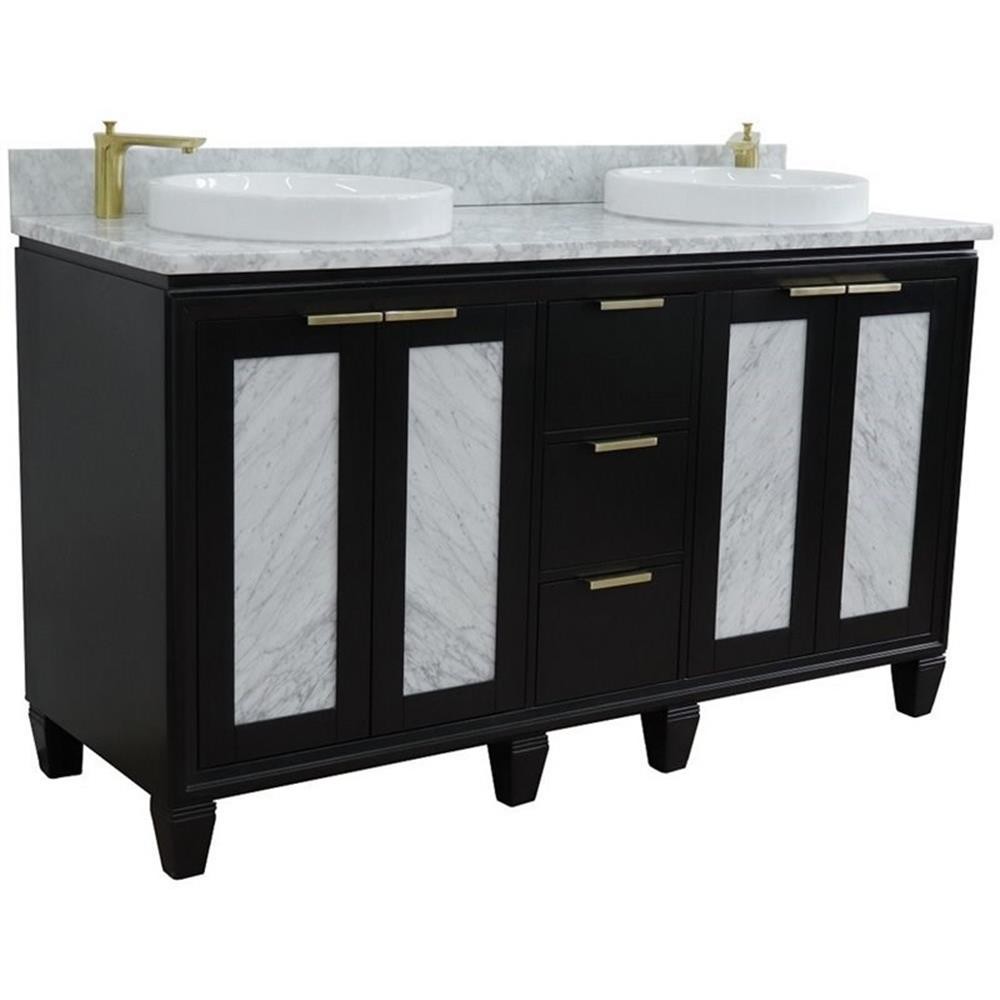 Pemberly Row 61″ Double Round Sink Solid Wood Vanity in Blue/White Carrara