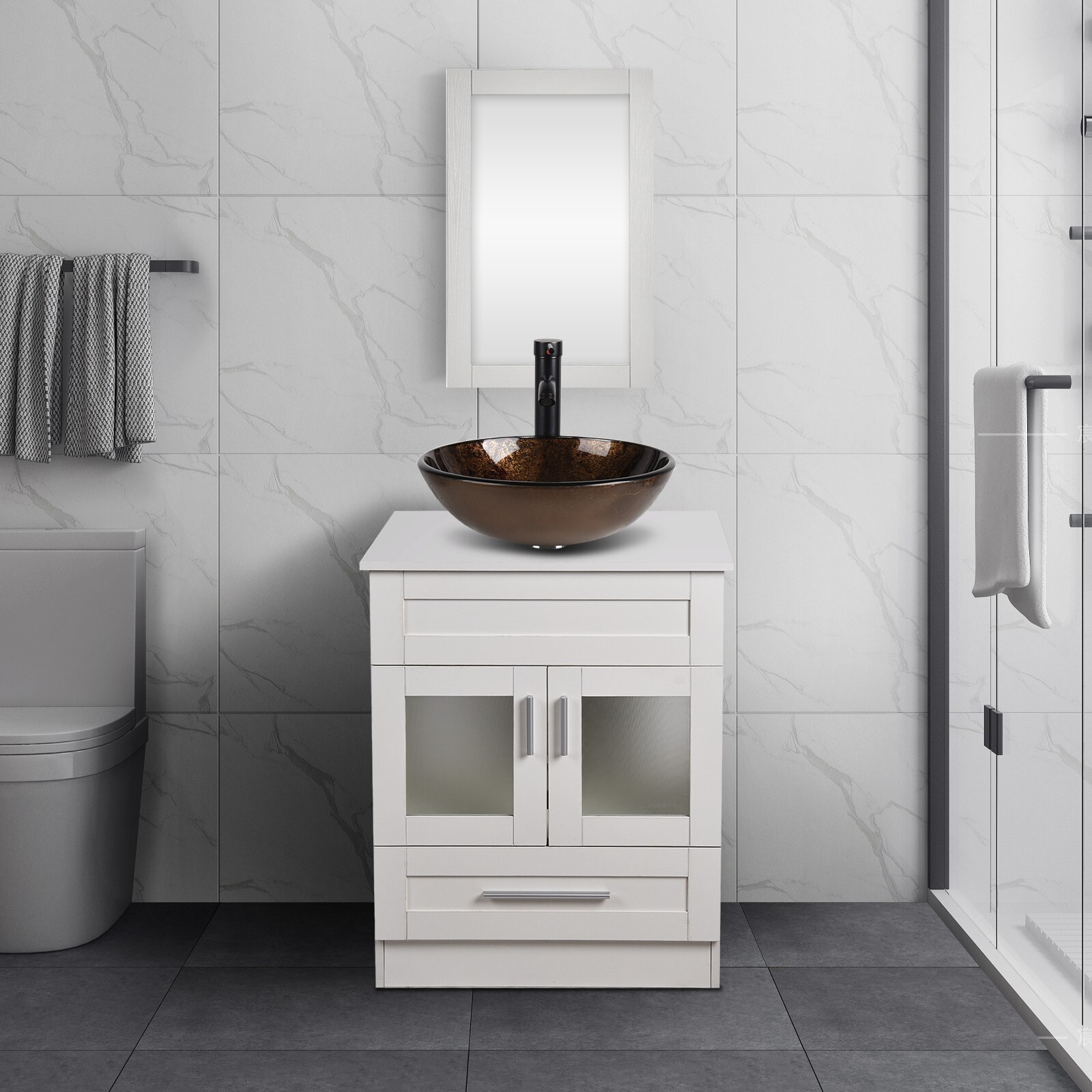 24 In Bathroom Vanity Sink Set Stand Cabinet Mirror Faucet Pop up Drain Black