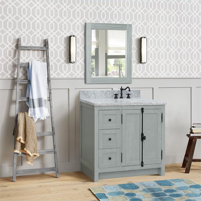 Plantation Solid Wood Vanity with Right Oval Sink in White/Gray Ash