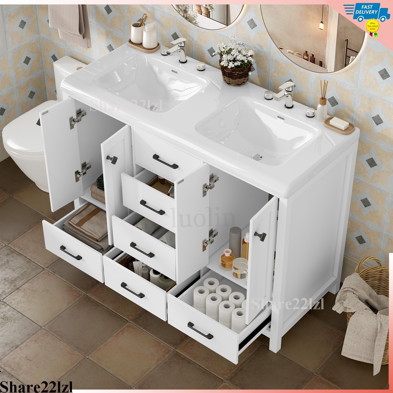 47inch Bathroom Vanity with Sink Ceramic Freestanding Cabinet with Storage Space