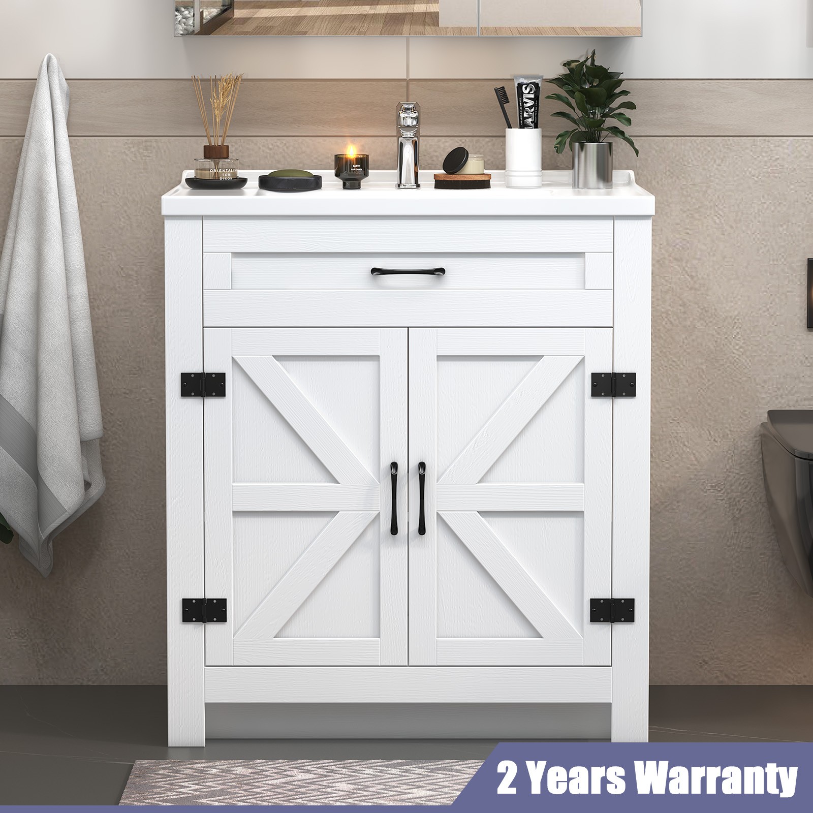 31 Inch Bathroom Vanity Cabinet Ceramic Sink Double Doors Storage Cabinet