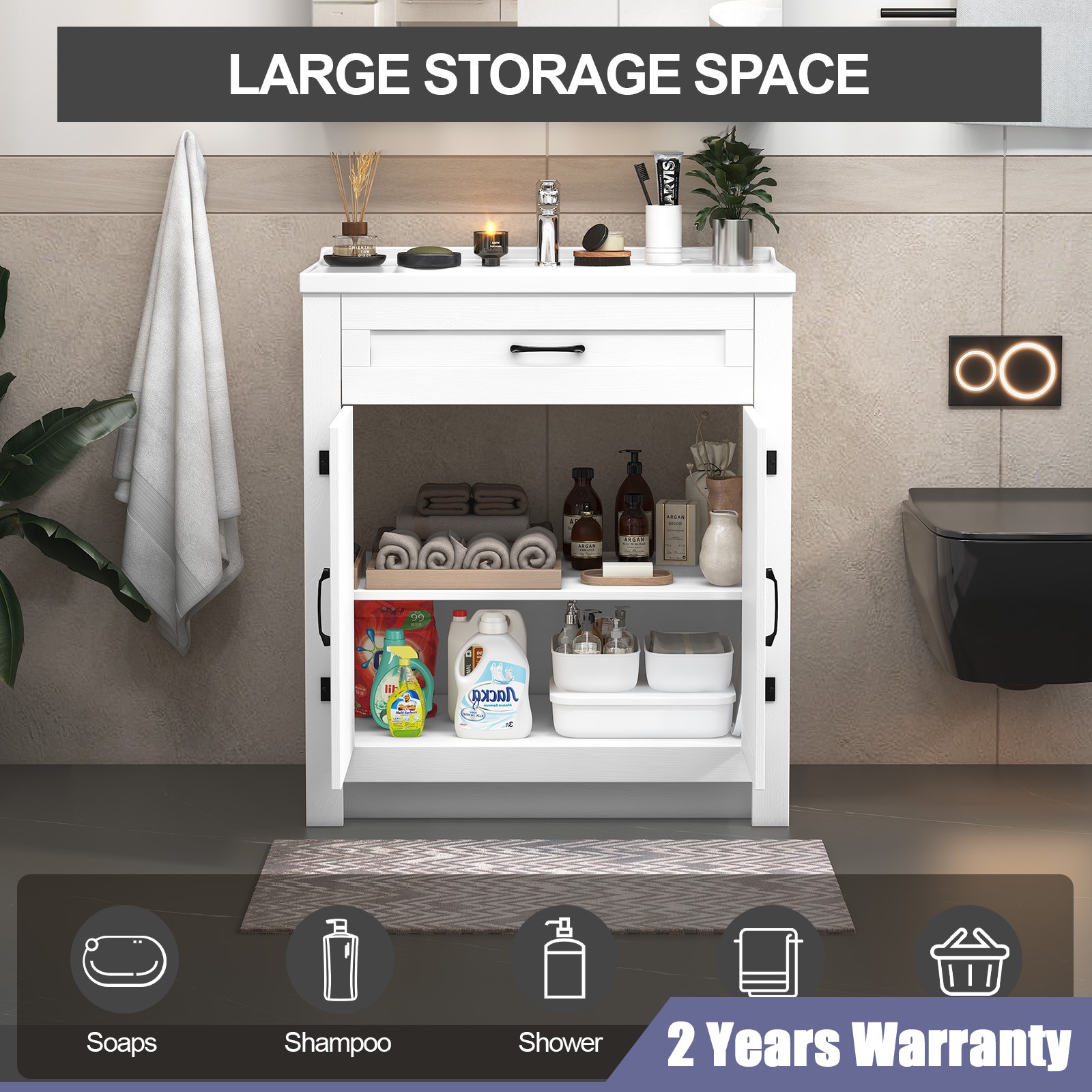 31 Inch Bathroom Vanity Cabinet Ceramic Sink Double Doors Storage Cabinet