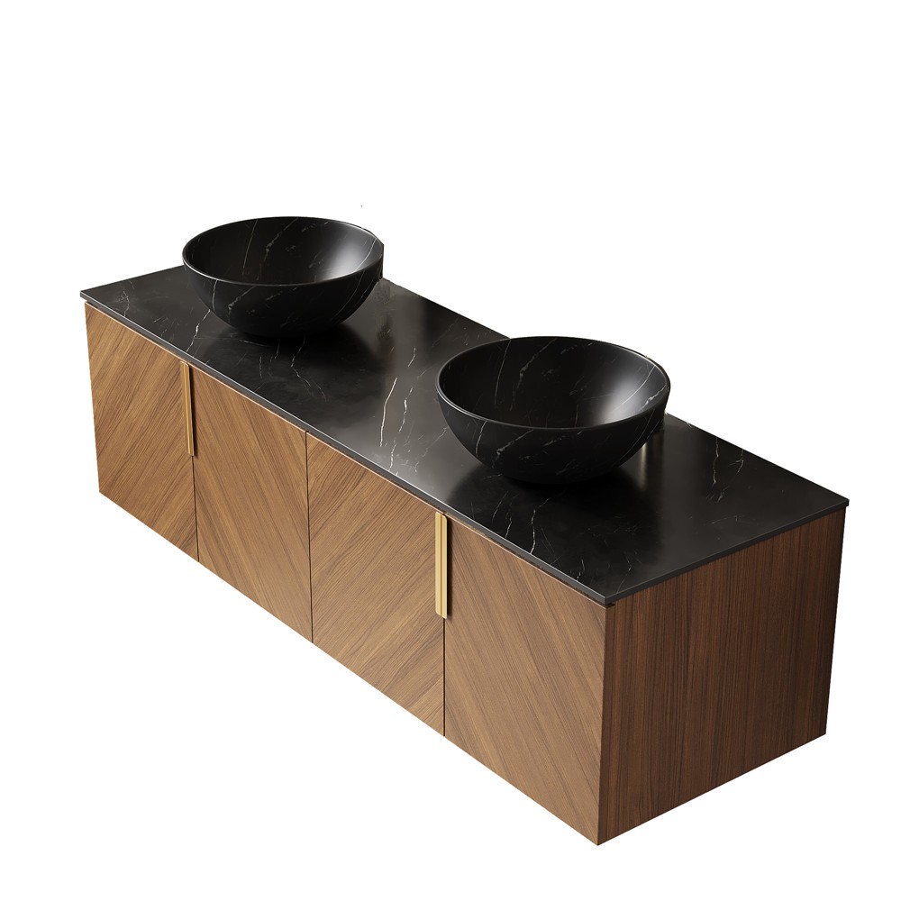 60″ Wall Mounted Bathroom Vanity w/Double Round Sink, Floating Cabinet, 4 Doors
