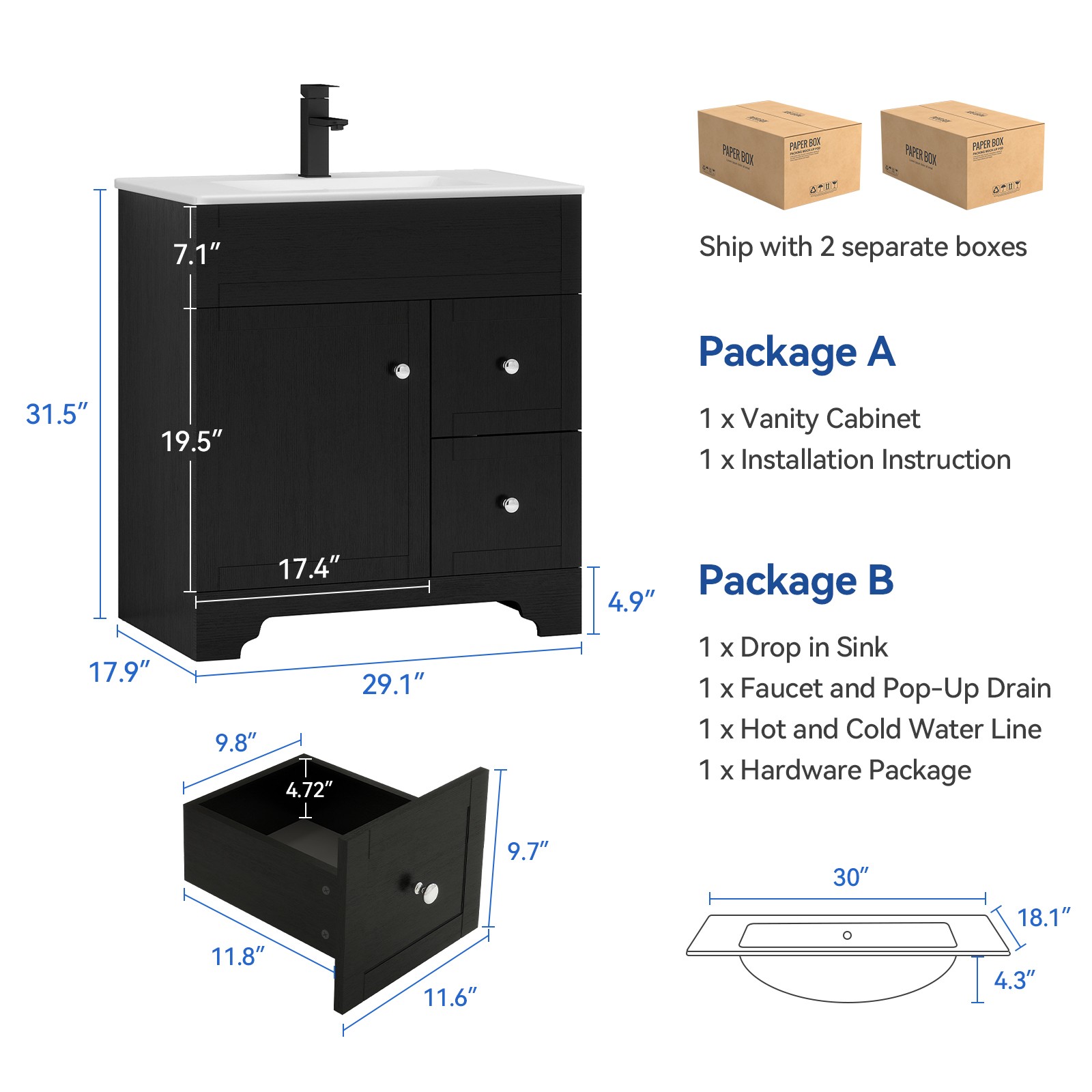 30″ Freestanding Bathroom Vanity w/ Ceramic Sink, Pop-Up Drain & Storage Cabinet