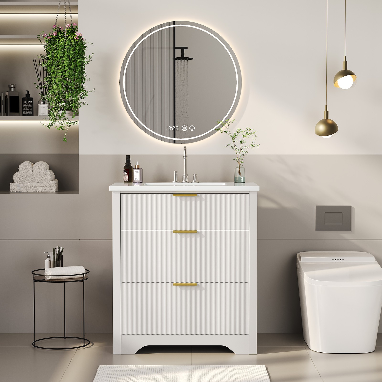 30″ Fluted Bathroom Vanity w/Sink, Freestanding Bathroom Sink Cabinet w/Drawers