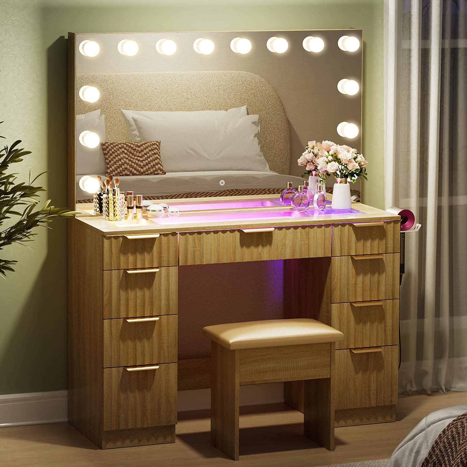 43 Oak Makeup Vanity LED Mirror 3 Color Dimmable Glass Top RGB Drawers