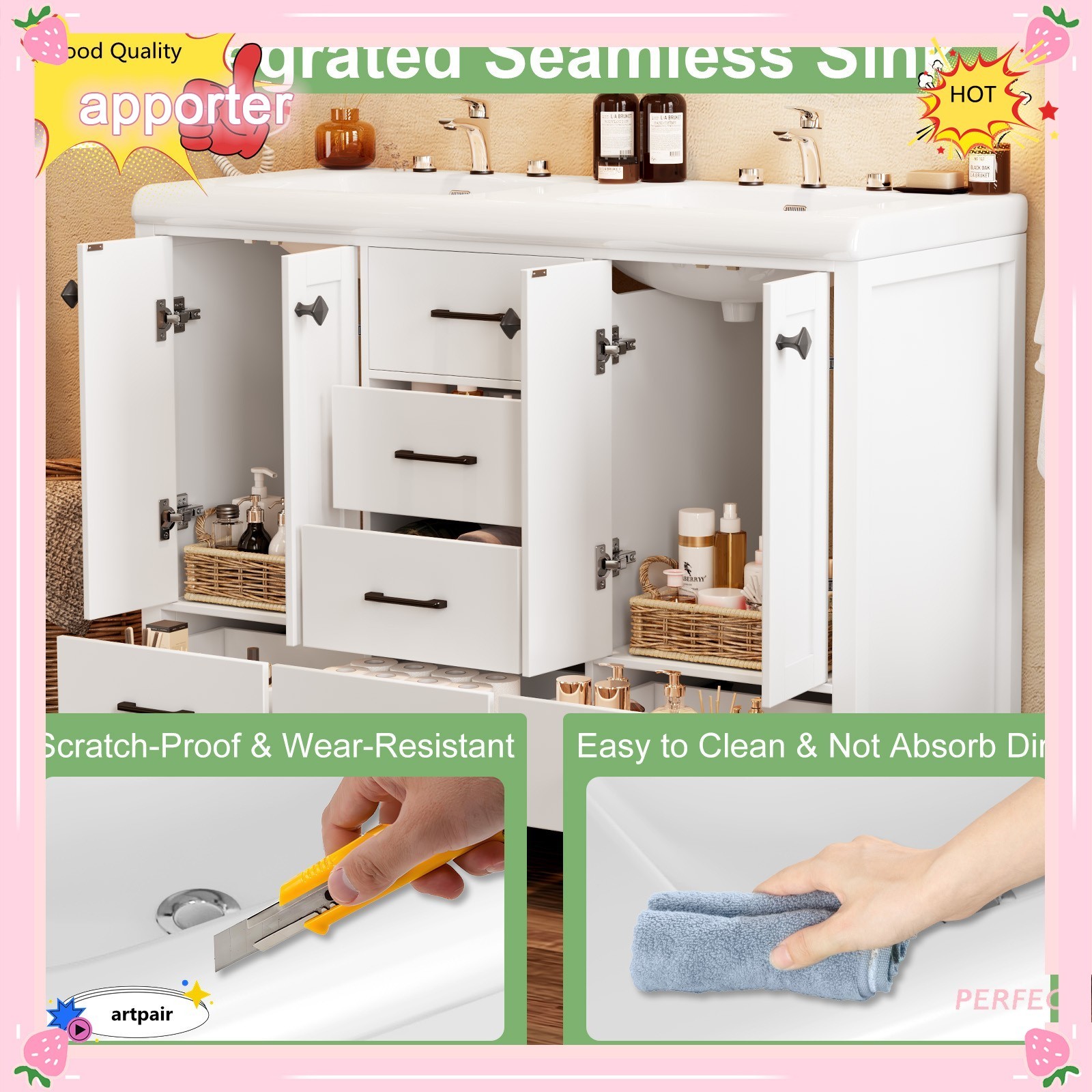 Yamissi Freestanding Bathroom Cabinet 47” with 5Drawers and Cabinet Double-Sink