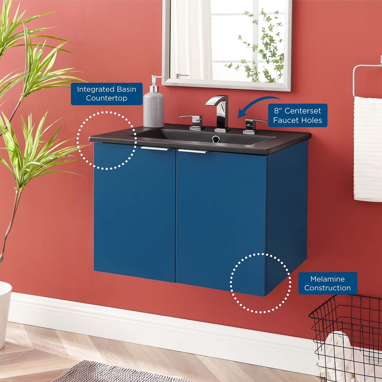 Modway Maybelle 24″ Wall-Mount Bathroom Vanity In Navy Black