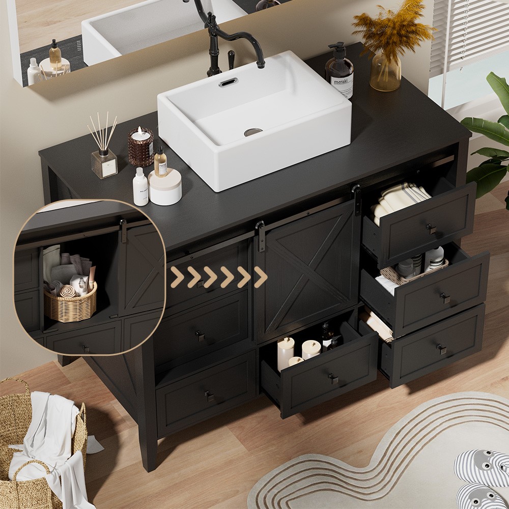 48 in Bathroom Vanity with Ceramic Sink Wood Cabinet Sink NO Faucet Mirror Black