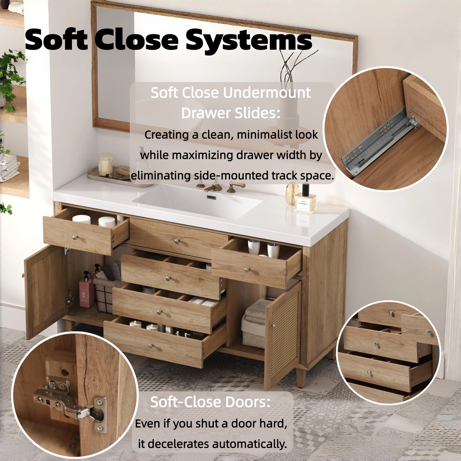 60″ Wooden Bathroom Vanity Cabinet with SMC Sink Storage Drawers Rattan Doors