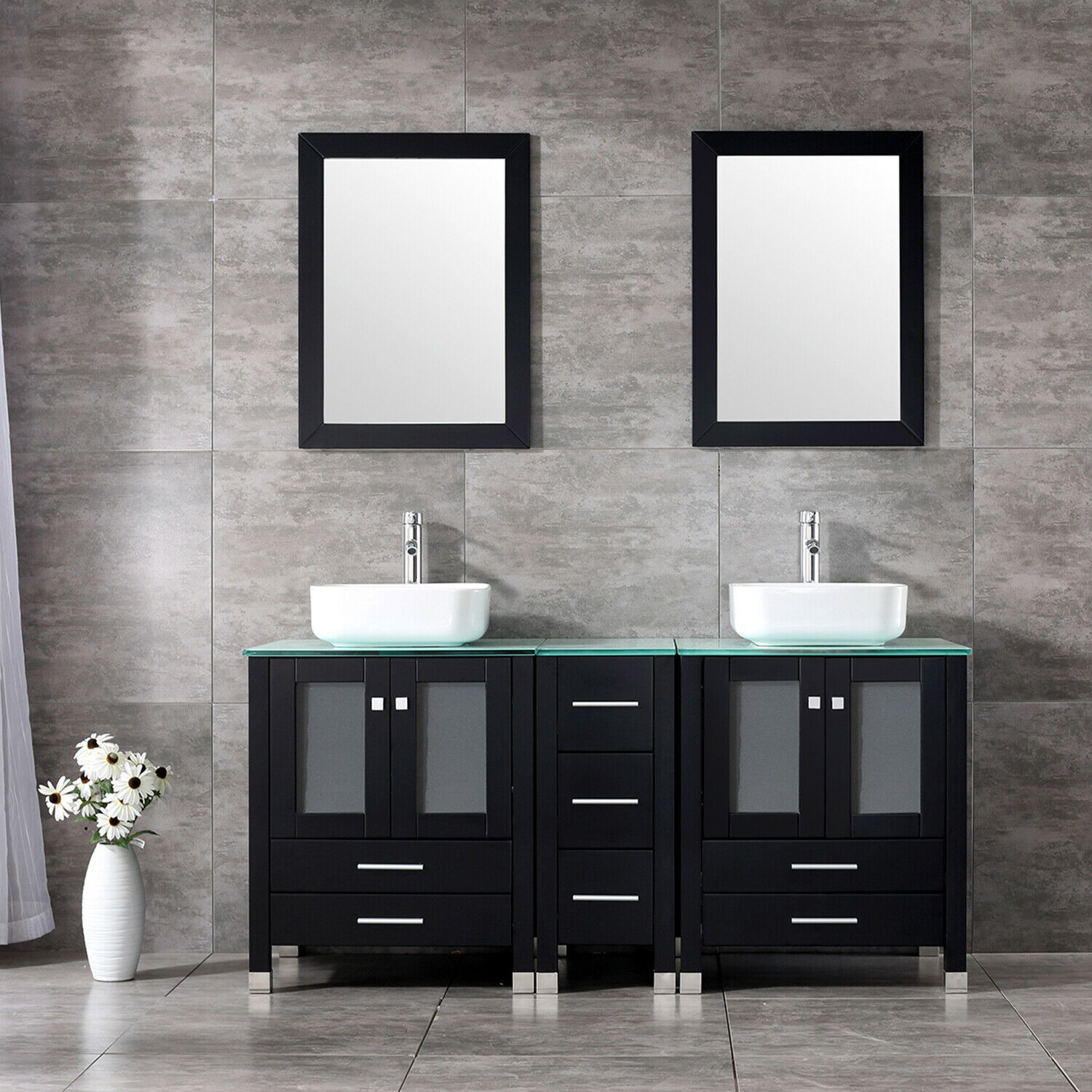 60″ Double Bathroom Vanity Black Cabinet Glass Vessel Sink Bowl Mirror w/Faucet