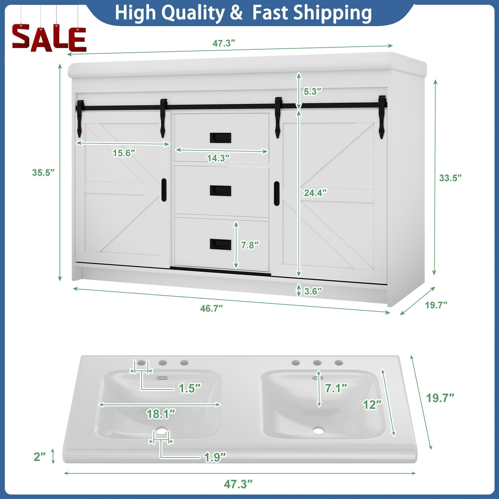 47” Bathroom Vanity with Double Sink Freestanding Bathroom Vanity w/ 2 Drawers