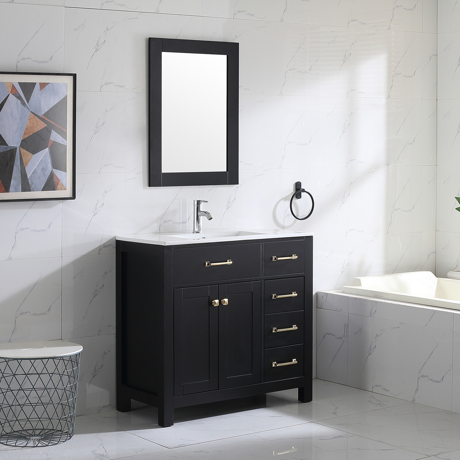Undermount Ceramic Shaker 36″ Single Bathroom Vanity Set & Mirror Free Standing