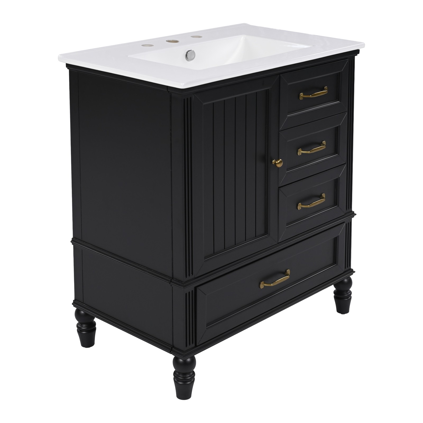 30″ Bathroom Vanity with Sink & Cabinet, Black, Solid Wood & MDF
