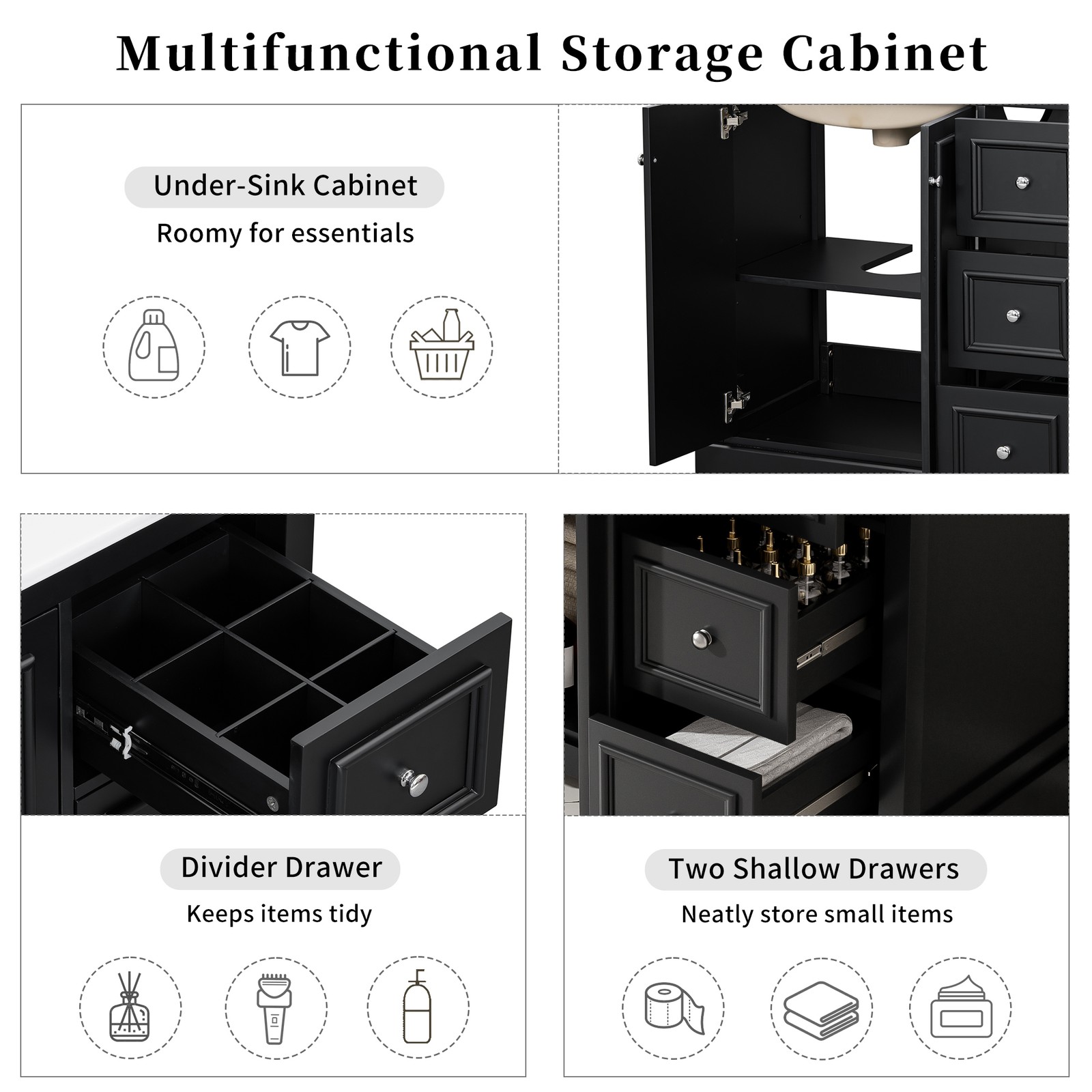36 Inch Transitional Bathroom Vanity with Ceramic Sink, Black