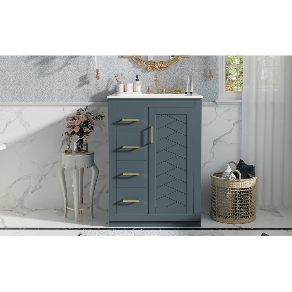 24 Inch Single Sink Bathroom Vanity Ceramic Top Drawers Storage Cabinet