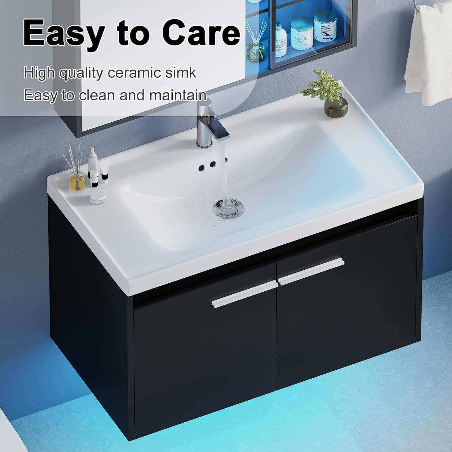 4Ever2Buy 31″ Black Floating Vanity w/ Sink LED Light 2 Doors