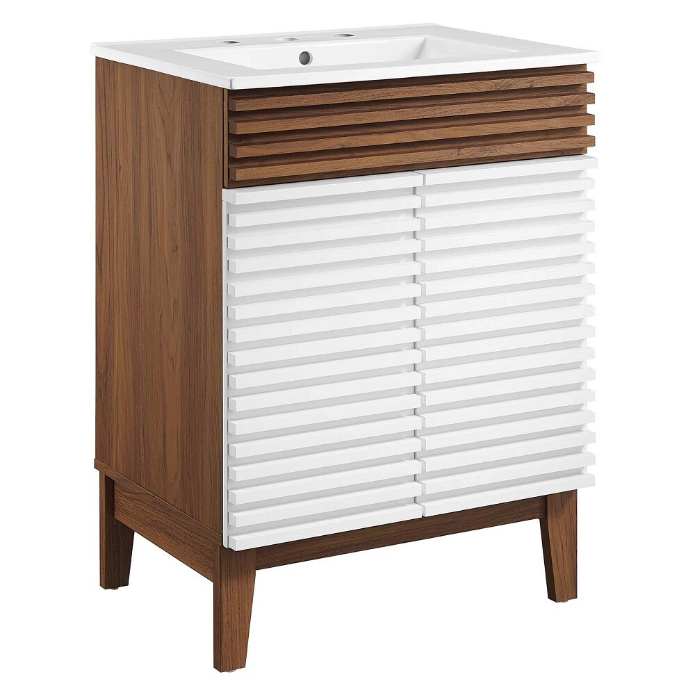 Mid-Century Modern Bathroom Vanity Black, White, Gray, Oak Laminate Tapered Legs
