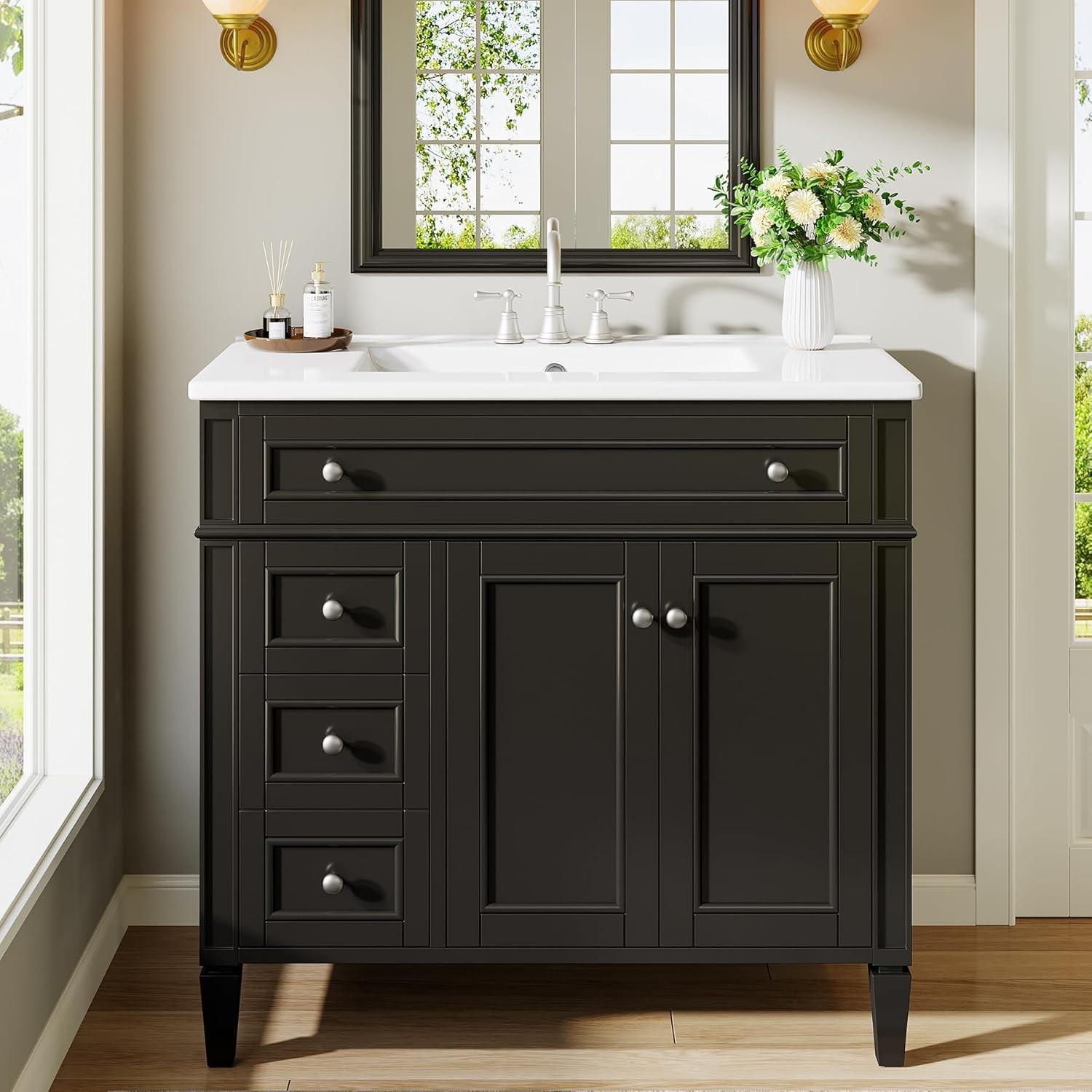 Tribesigns 36″ Bathroom Vanity with Sink,Bathroom Sink Cabinet 4 Drawers& 2Doors