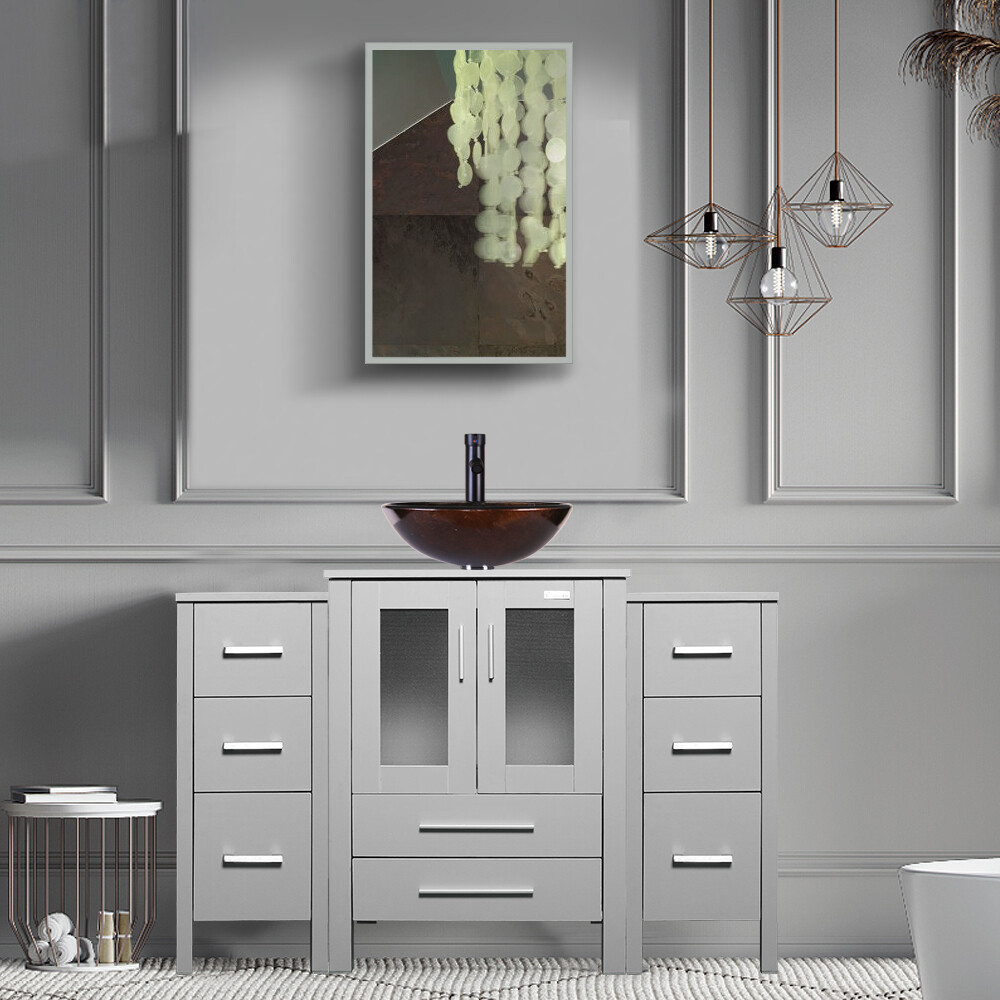 48″ Bathroom Vanity Set Glass Vessel Sink Faucet Cabinet Combo Gray No Mirror