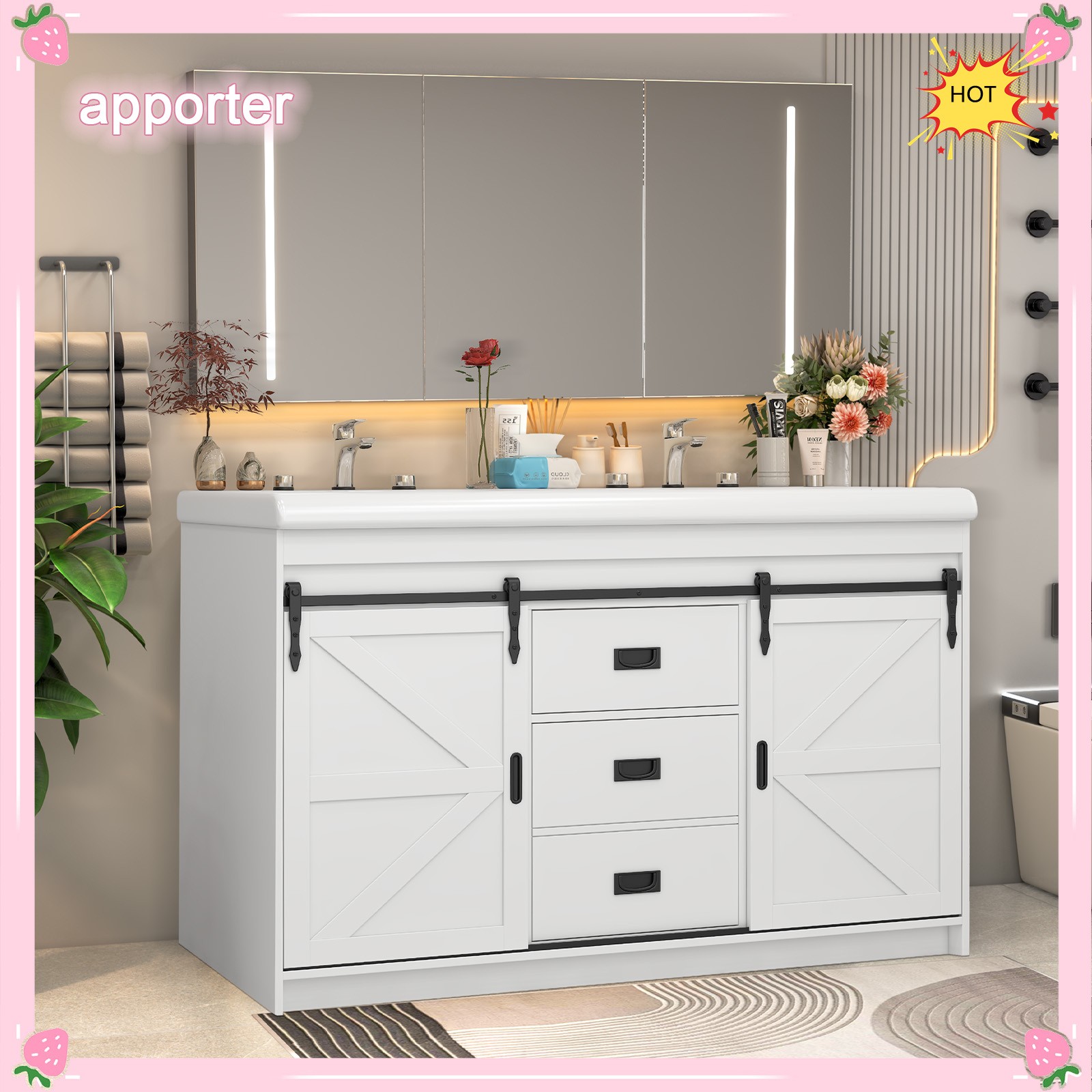 Yamissi Double Bathroom Vanity Cabinet Ceramic Sink with Sliding Doors 2 Drawers