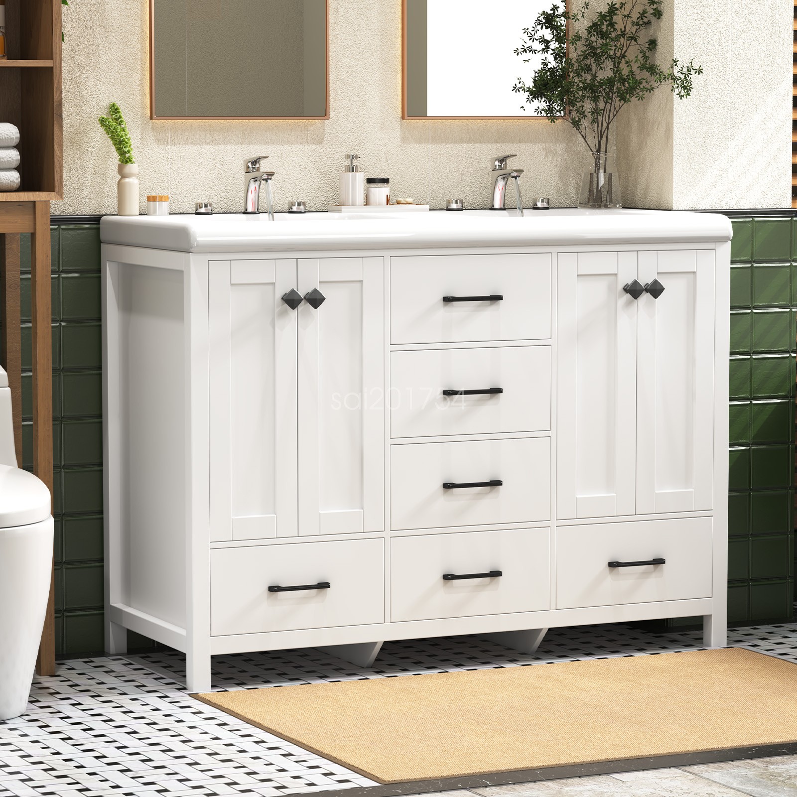 Bathroom Cabinet Vanity Freestanding Double-Basin Ceramic Sink Cabinet 47.3″
