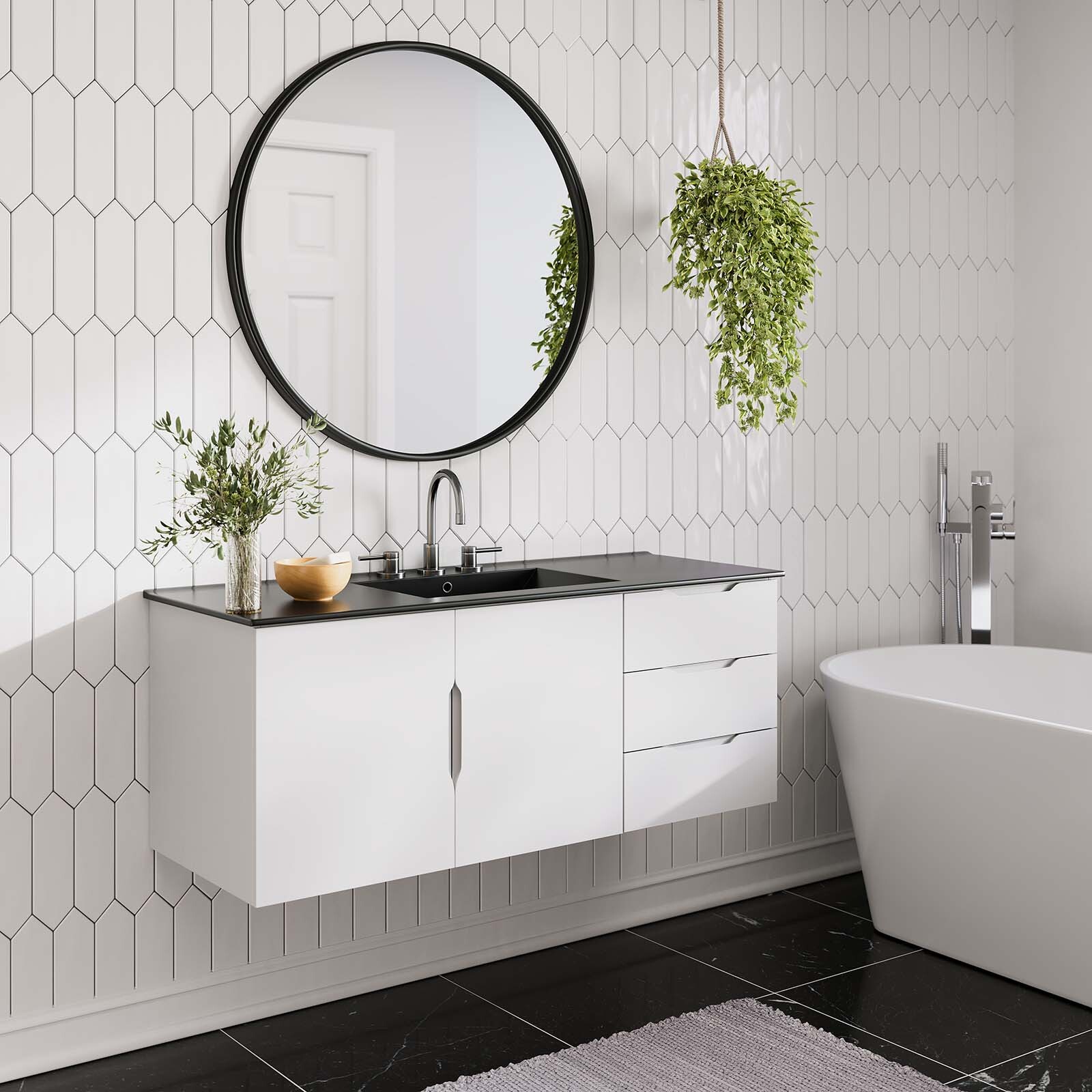 Modway Vitality 48″ Single Sink Wall-Mount Bathroom Vanity in White Black