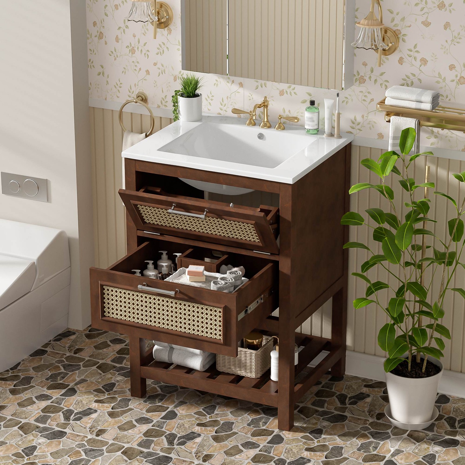 FUNIDEE 24″ Bathroom Vanity with Ceramic Sink Storage Cabinet with Single Sink