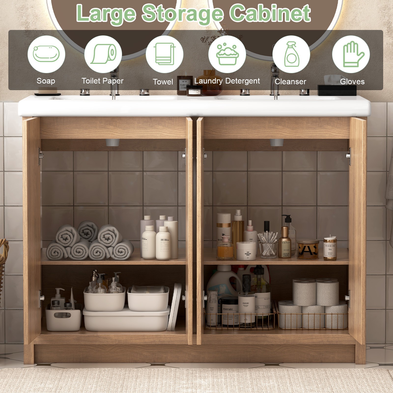Large Bathroom Vanity Double Ceramic Sink Cabinet Storage Freestanding