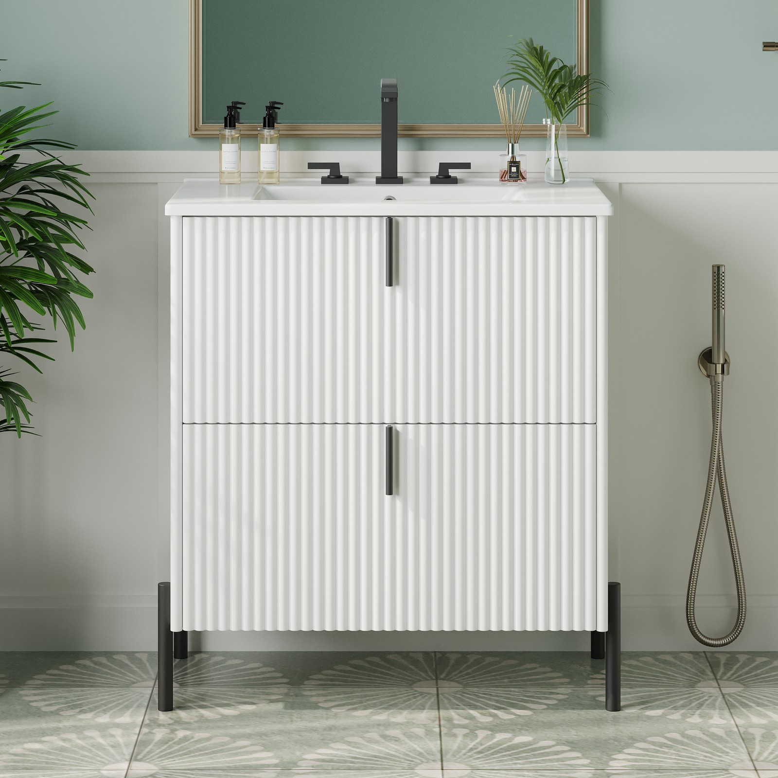 30″ White Bathroom Vanity with Ceramic Sink & Soft Close Drawers