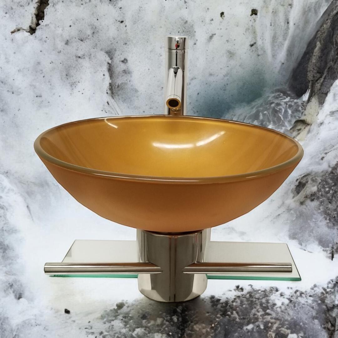 Modern Small Bathroom Pedestal Vanity Glass Bowl Vessel Mustard Gold Sink Combo