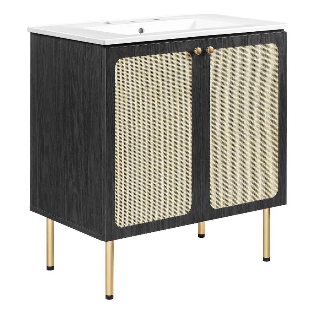 Pemberly Row 30″ Wood & Rattan Bathroom Vanity in Black/White