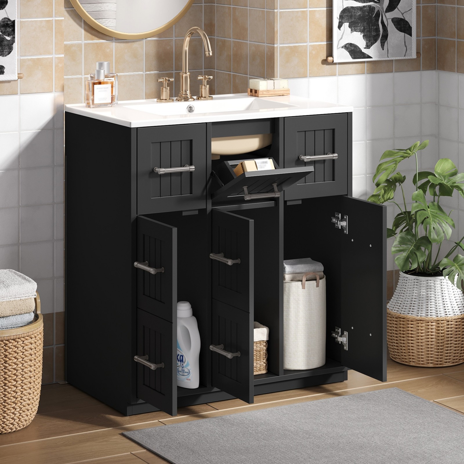 30inch Bathroom Vanity w/Undermount Sink & Drawers Modern Bathroom Cabinet Black