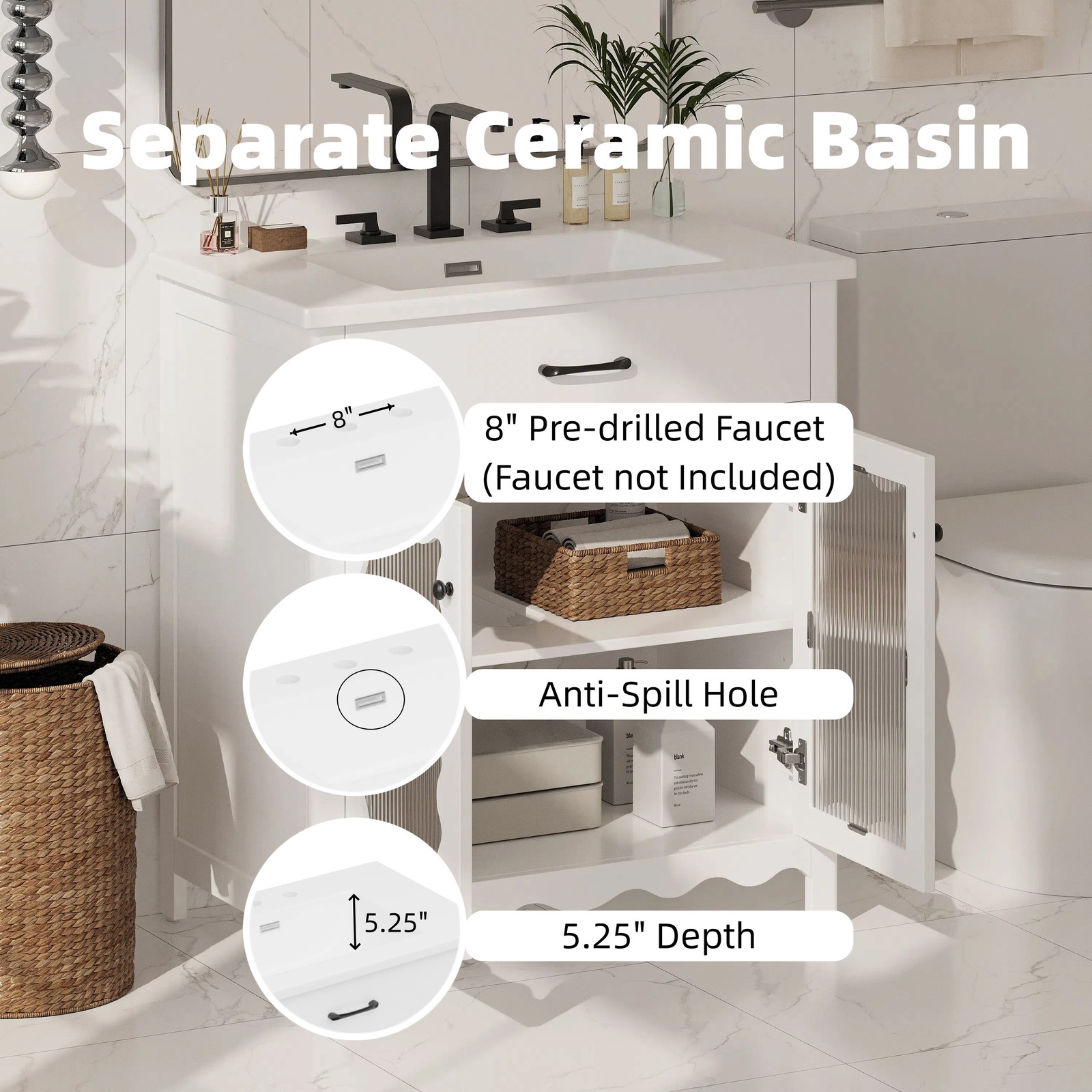 31″ Bathroom Vanity w/Tempered Glass,Modern Bathroom Cabinet w/Soft close Doors