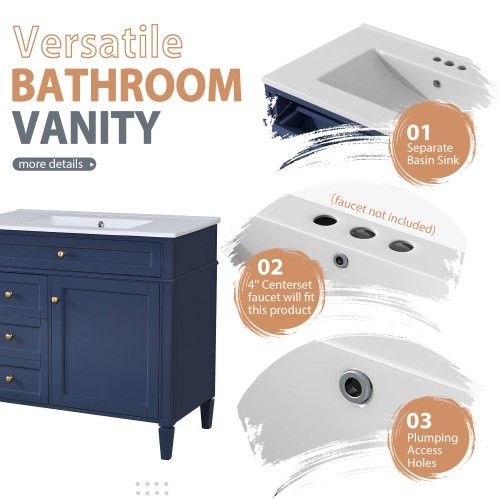 36” Blue Bathroom Vanity w/ Sink & Mirror Cabinet Storage Soft Close Doors