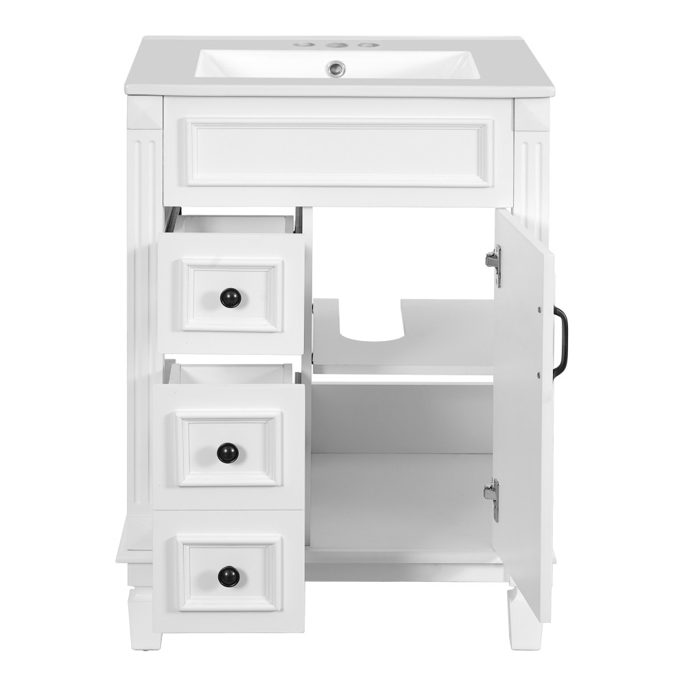 Bathroom vanity W ceramic sink Features two drawers Includes adjustable shelves