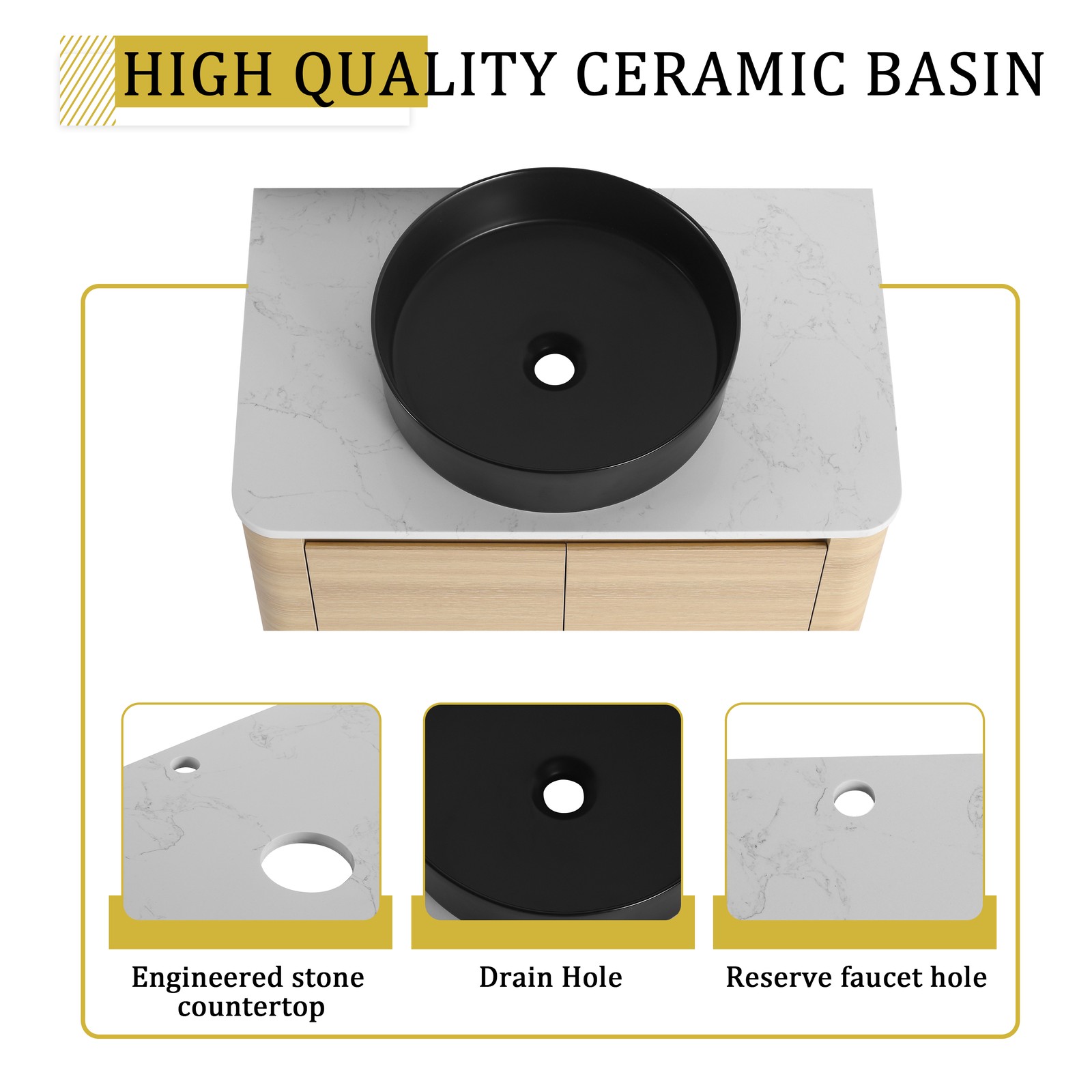 42in Plywood Floating Bathroom Vanity W/Black Ceramic Basin Sink Storage Shelves