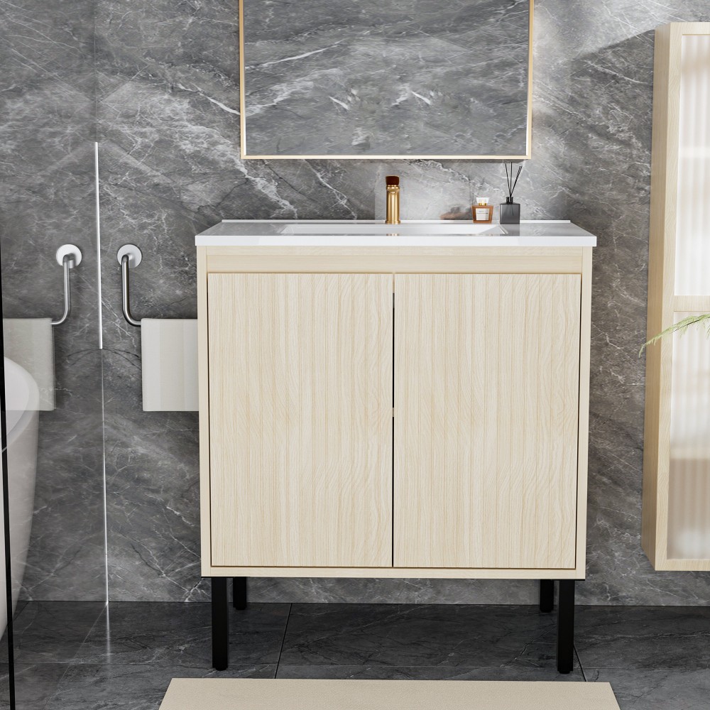 Vanity with Integrated Sink 2 Doors Black Legs Bathroom Storage Cabinet
