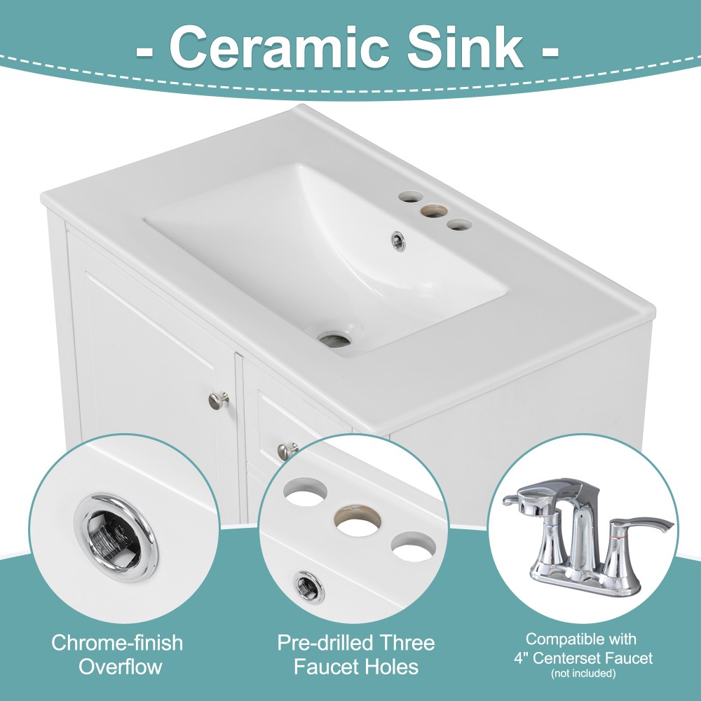 30″ Bathroom Vanity with Sink, One Door with Shelf and Three Drawers