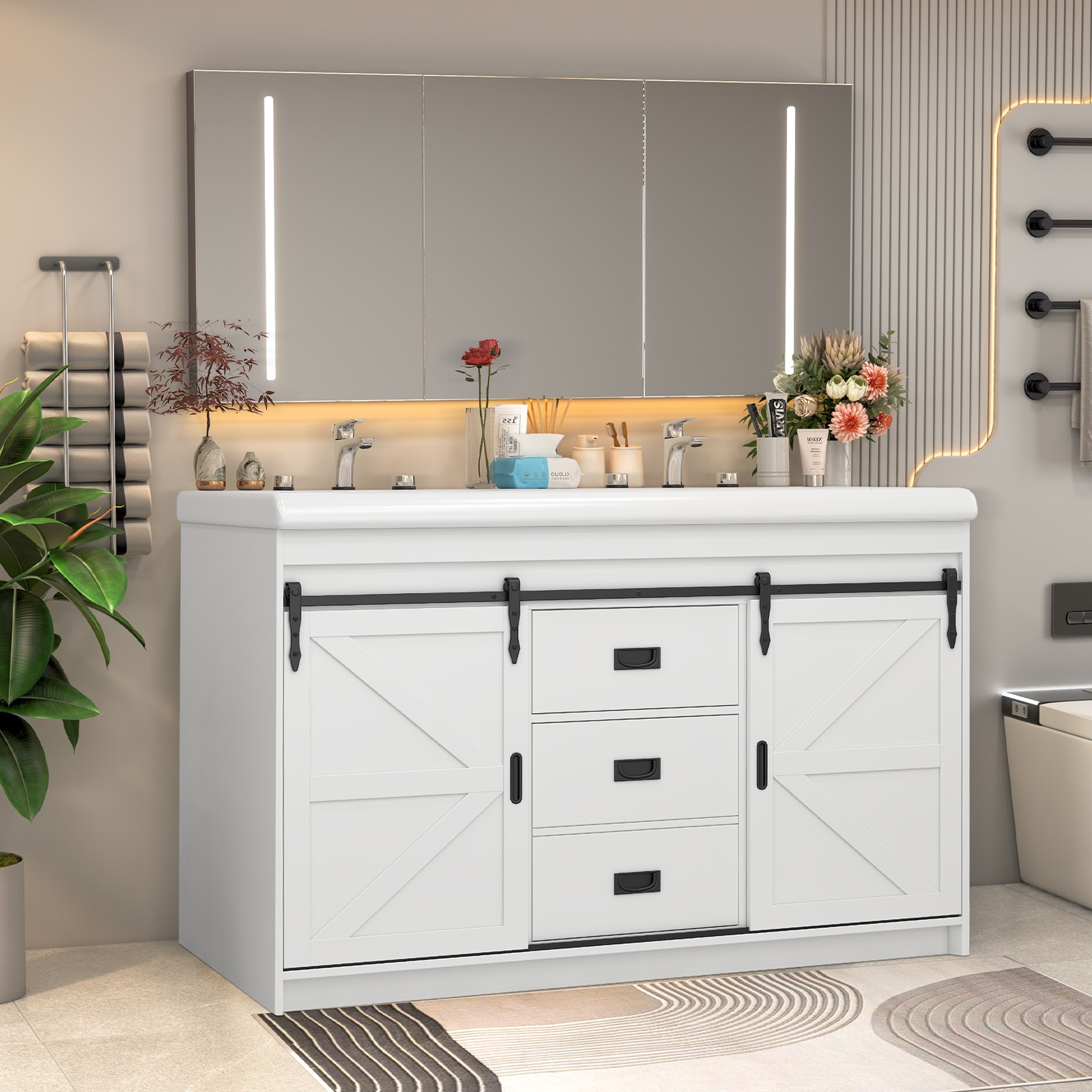 Large Vanity Cabinet Double Bathroom Top Ceramic Sink Countertop without Faucet