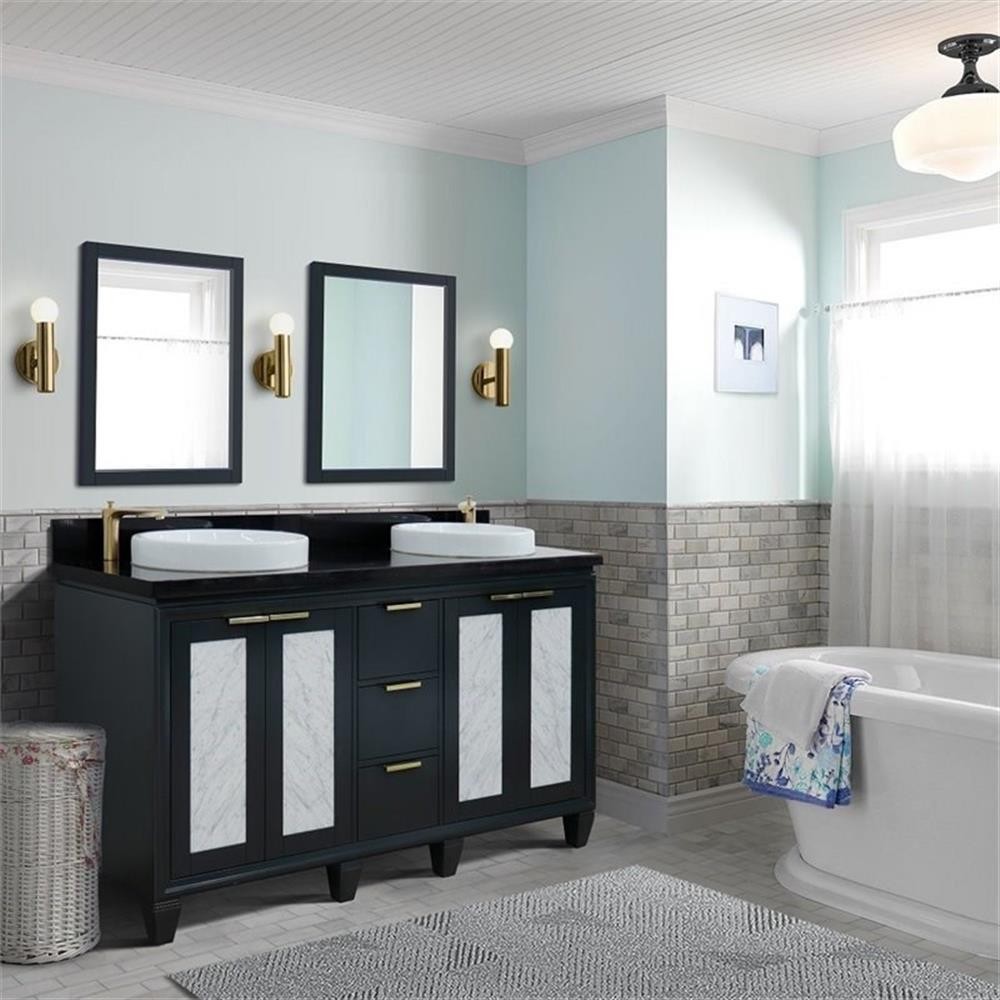 Trento 61″ Solid Wood Double Round Sink Vanity in Dark Gray/Black Galaxy