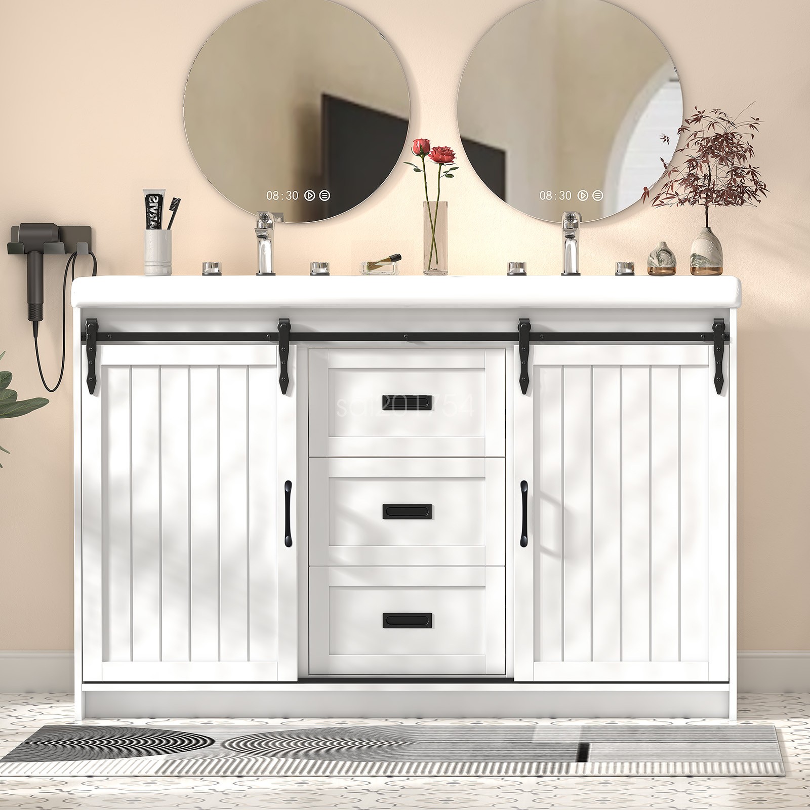 47″ Bathroom Double Sink Vanity Cabinet Ceramic Vessel Double Sink Cabinet White