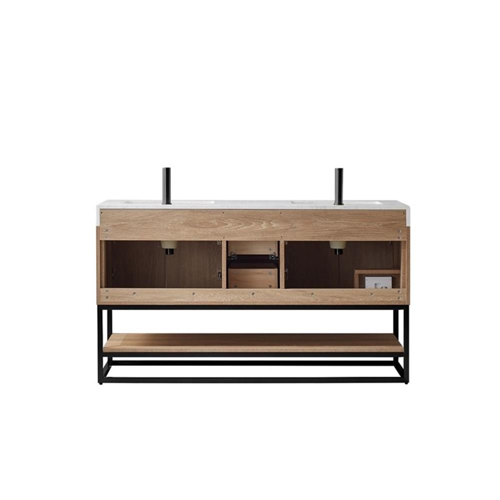 Pemberly Row 60″ White Stone Top Oak Double Vanity Black Frame w/o Mirror