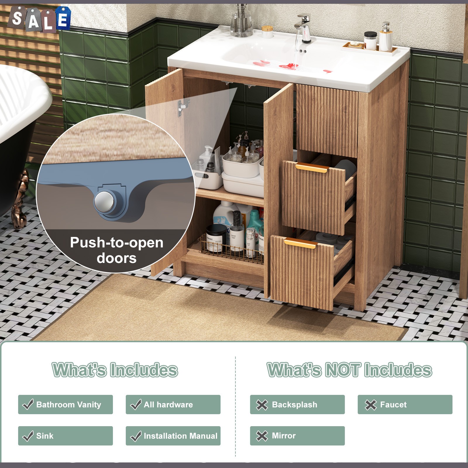 31 Inch Vanity Wood Bathroom Vanity Cabinet W/ Countertop Ceramic Sinkl