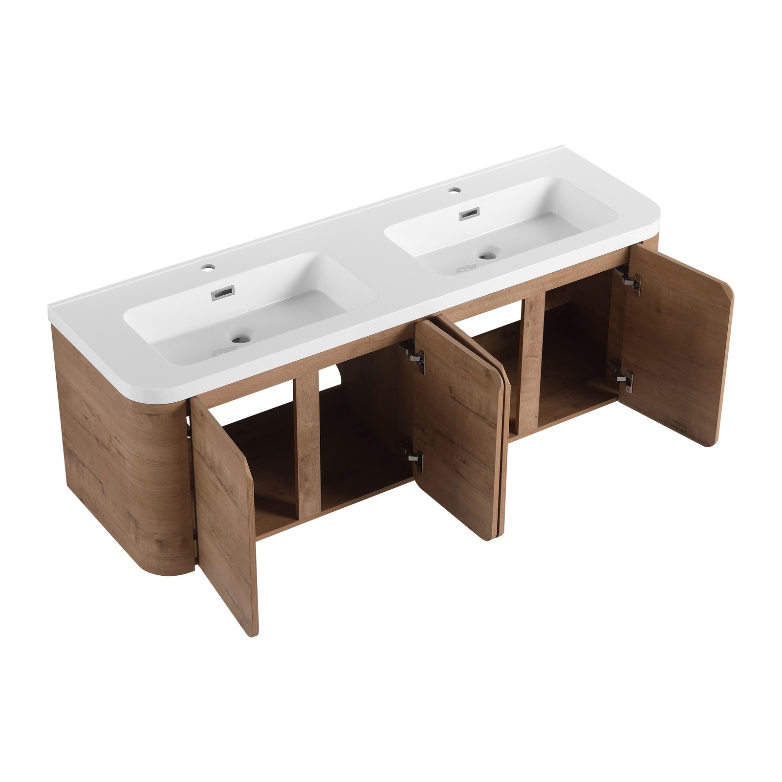 60in Plywood Wall-Mounted Bathroom Vanity with White Double Resin Sink 4 Doors