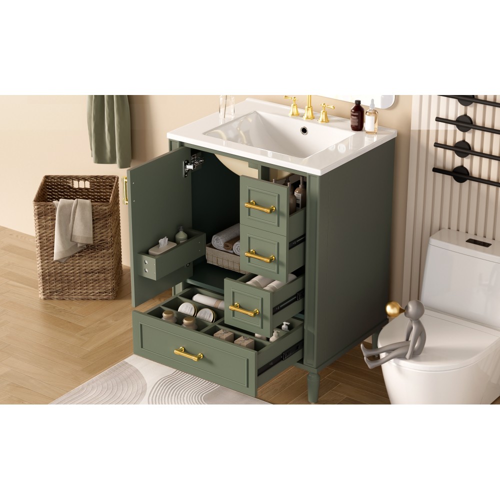 24″ Modern Bathroom Vanity with Ceramic Sink, Soft-Close Door, 3 Drawers